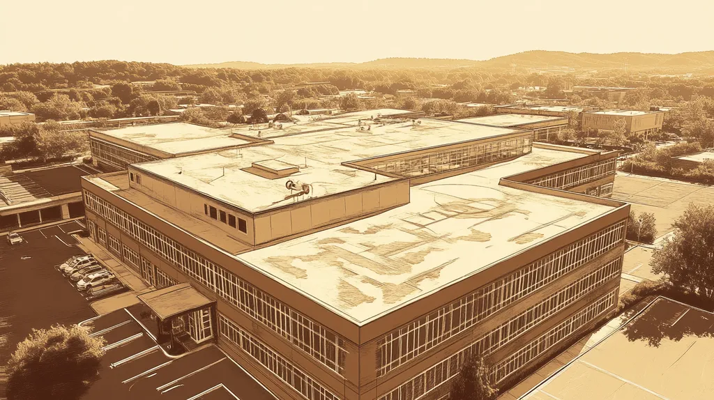 A commercial roof on a hospital in a location similar to Nashville with an architectural sketch rendering aesthetic (AI image)