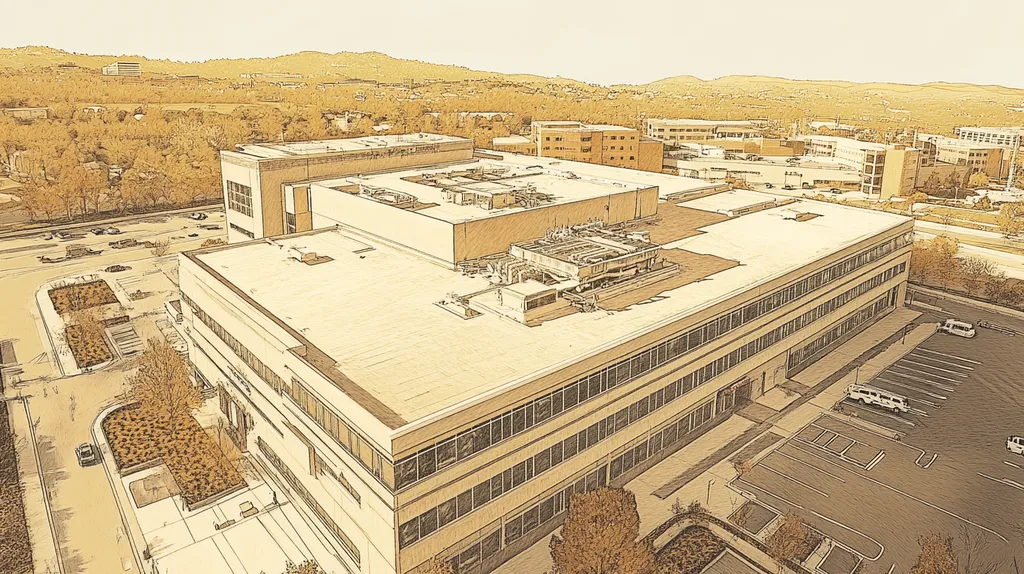 A commercial roof on a hospital in a location similar to Nashville with an architectural sketch rendering aesthetic (AI image)