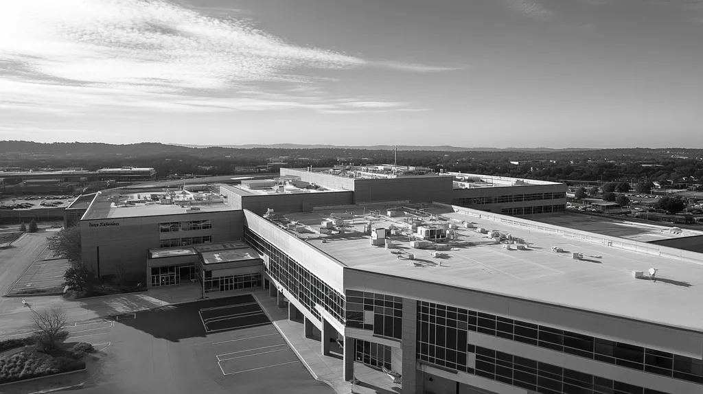A commercial roof on a hospital in a location similar to Nashville with a black and white photography aesthetic (AI image)