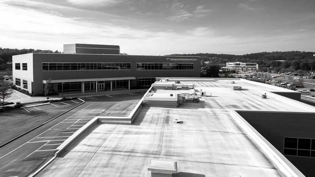 A commercial roof on a hospital in a location similar to Nashville with a black and white photography aesthetic (AI image)