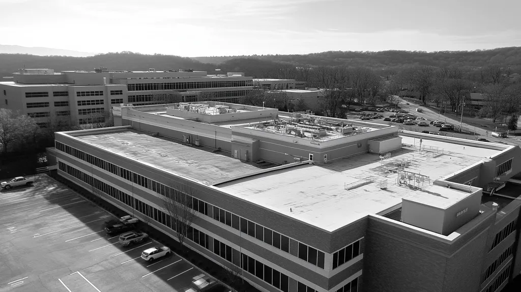 A commercial roof on a hospital in a location similar to Nashville with a black and white photography aesthetic (AI image)