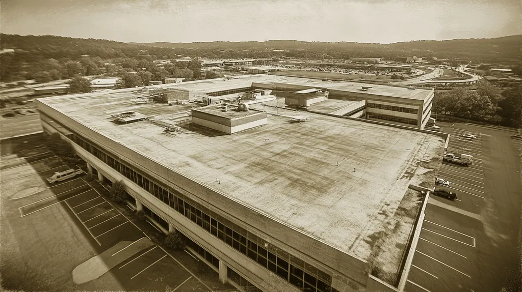 A commercial roof on a hospital in a location similar to Nashville with a tintype aesthetic (AI image)