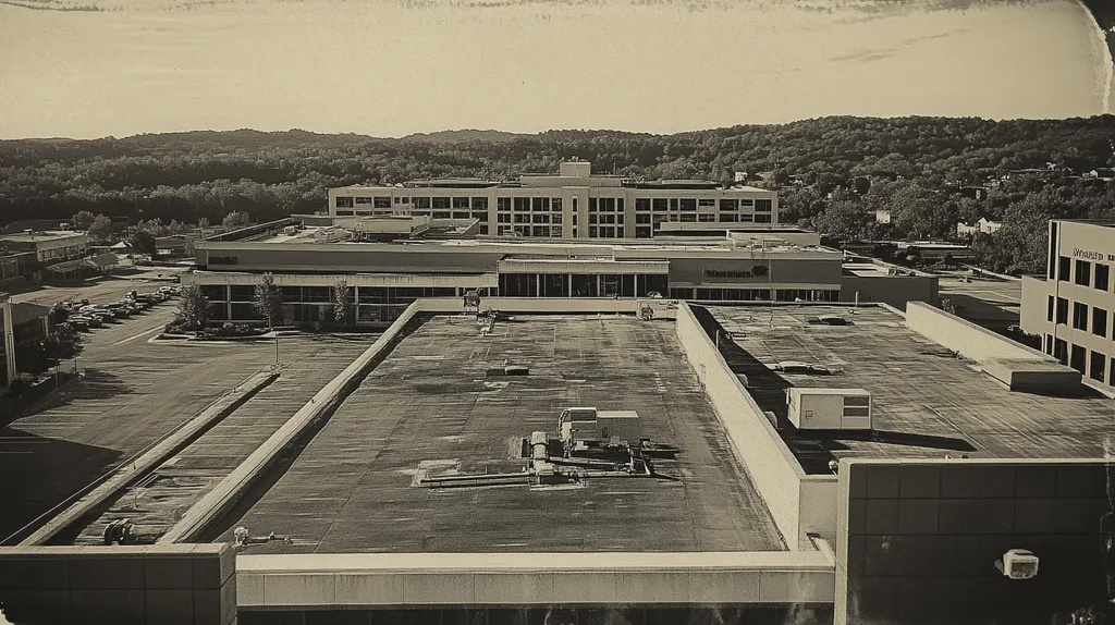 A commercial roof on a hospital in a location similar to Nashville with a tintype aesthetic (AI image)