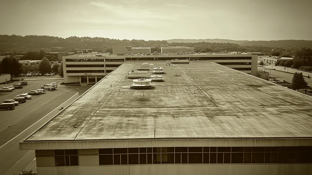 A commercial roof on a hospital in a location similar to Nashville with a tintype aesthetic (AI image)