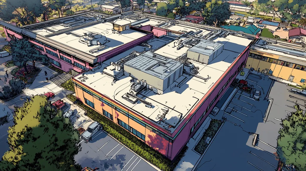 A commercial roof on a hospital in a location similar to Newport Beach with a comic book style aesthetic (AI image)
