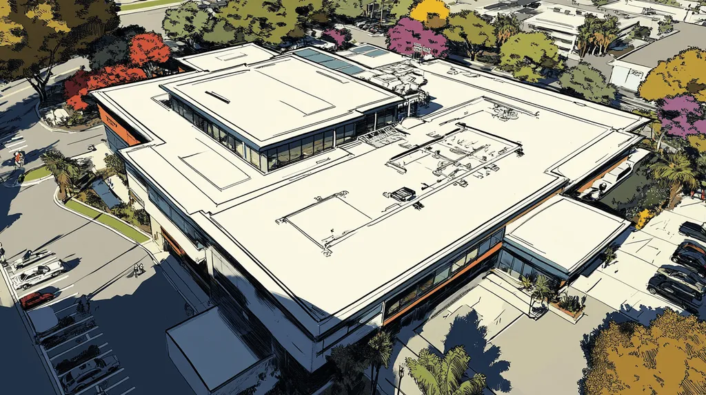 A commercial roof on a hospital in a location similar to Newport Beach with a comic book style aesthetic (AI image)
