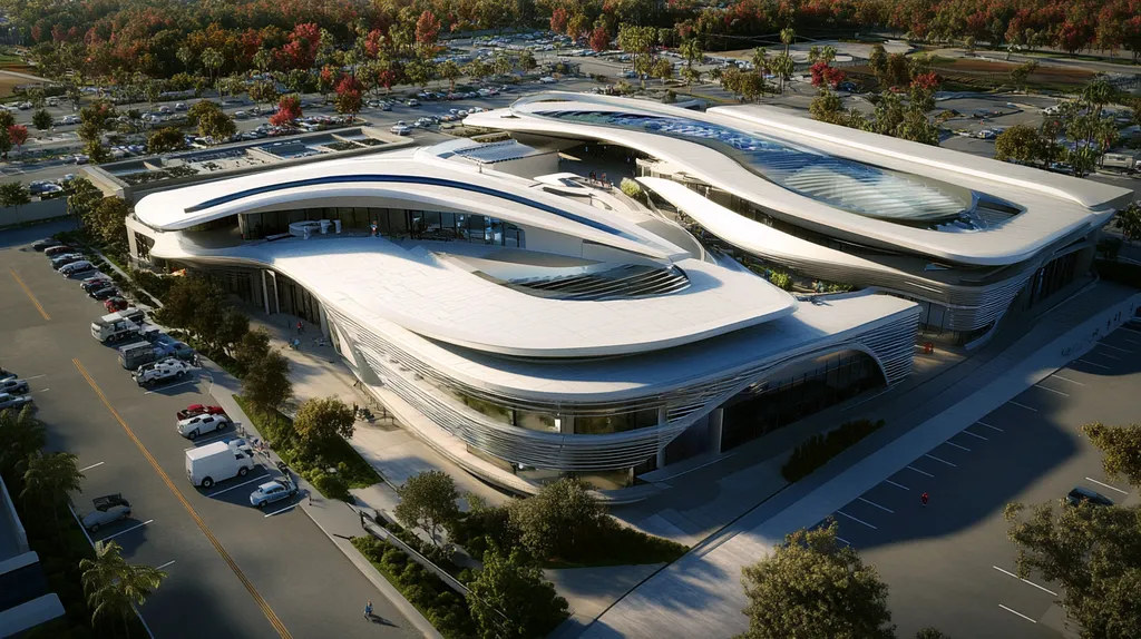 A commercial roof on a hospital in a location similar to Newport Beach with a futuristic aesthetic (AI image)
