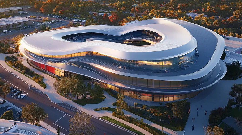 A commercial roof on a hospital in a location similar to Newport Beach with a futuristic aesthetic (AI image)