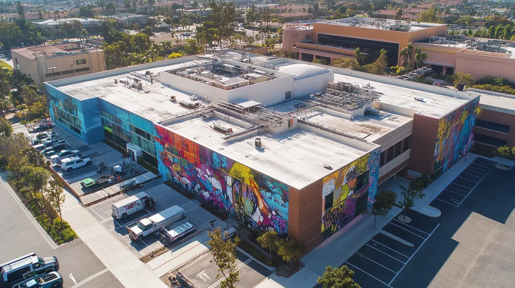 A commercial roof on a hospital in a location similar to Newport Beach with a graffiti mural aesthetic (AI image)