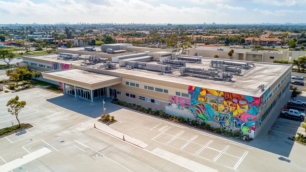 A commercial roof on a hospital in a location similar to Newport Beach with a graffiti mural aesthetic (AI image)