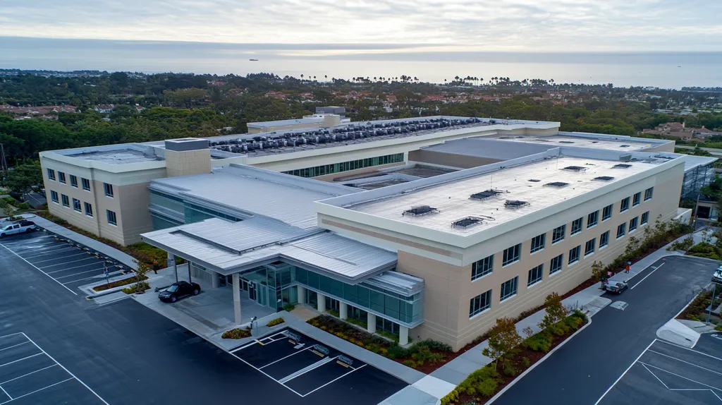 A commercial roof on a hospital in a location similar to Newport Beach with a rainy day aesthetic (AI image)