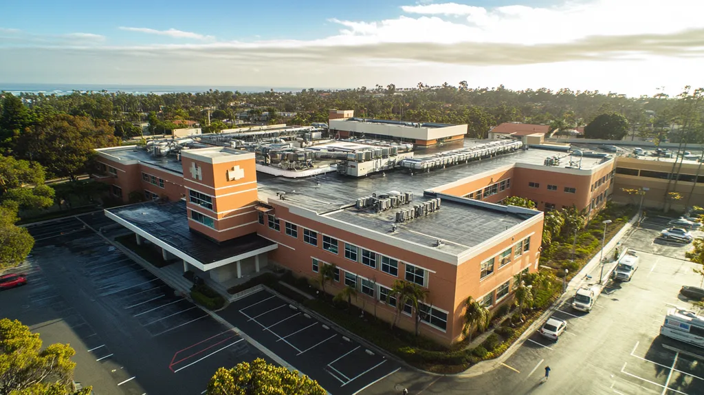 A commercial roof on a hospital in a location similar to Newport Beach with a rainy day aesthetic (AI image)