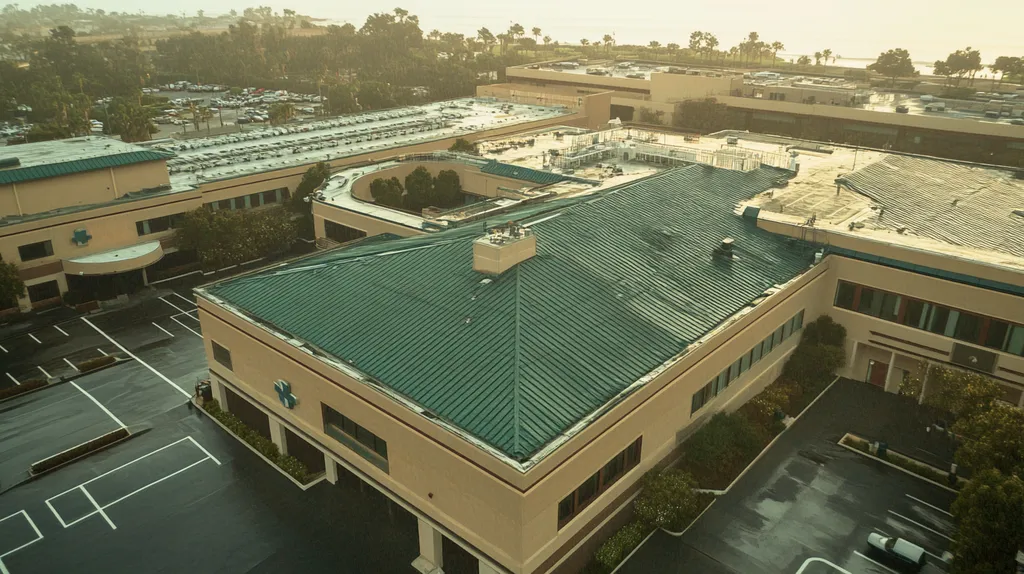 A commercial roof on a hospital in a location similar to Newport Beach with a rainy day aesthetic (AI image)