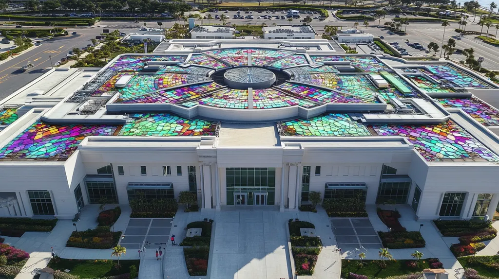A commercial roof on a hospital in a location similar to Newport Beach with a stained glass style aesthetic (AI image)