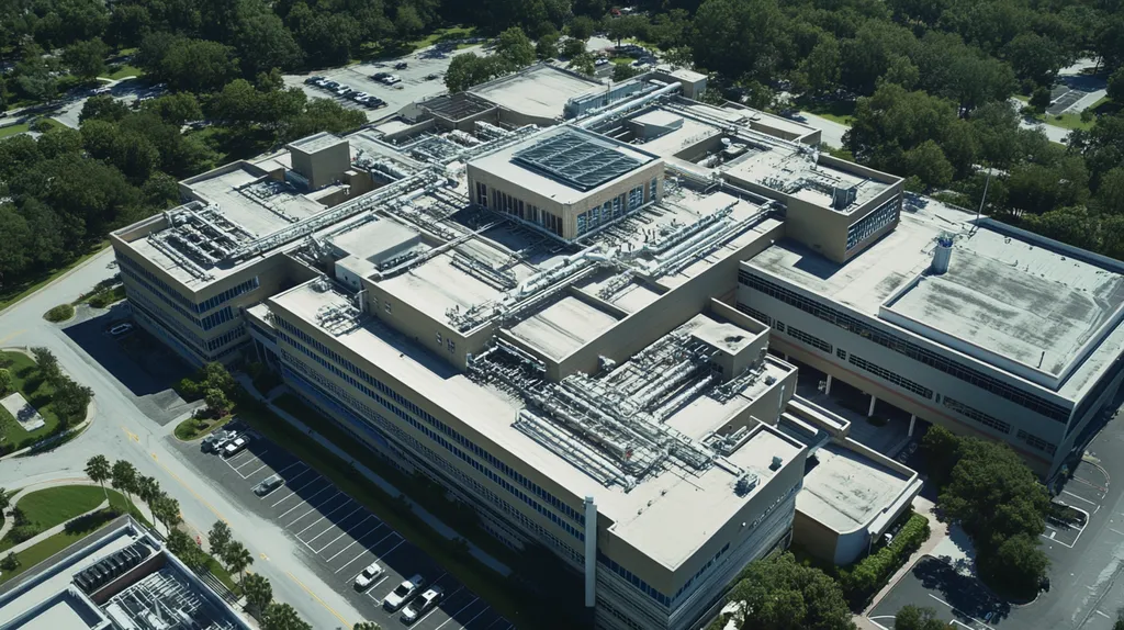 A commercial roof on a hospital in a location similar to Orlando with a color highlight aesthetic (AI image)