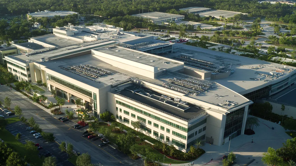 A commercial roof on a hospital in a location similar to Orlando with a color highlight aesthetic (AI image)