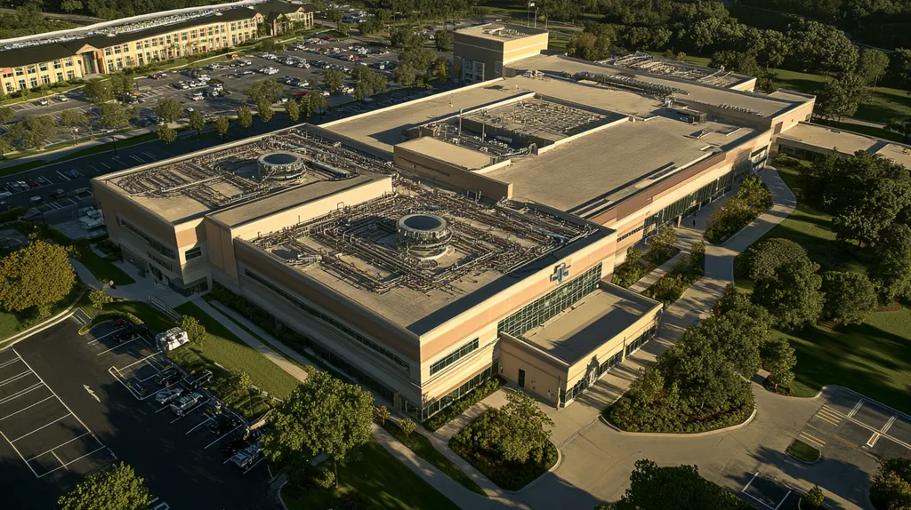 A commercial roof on a hospital in a location similar to Orlando with a color highlight aesthetic (AI image)
