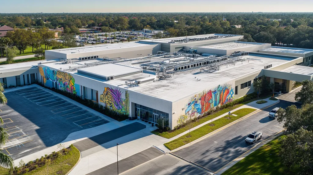 A commercial roof on a hospital in a location similar to Orlando with a graffiti mural aesthetic (AI image)