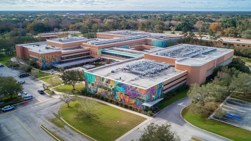 A commercial roof on a hospital in a location similar to Orlando with a graffiti mural aesthetic (AI image)