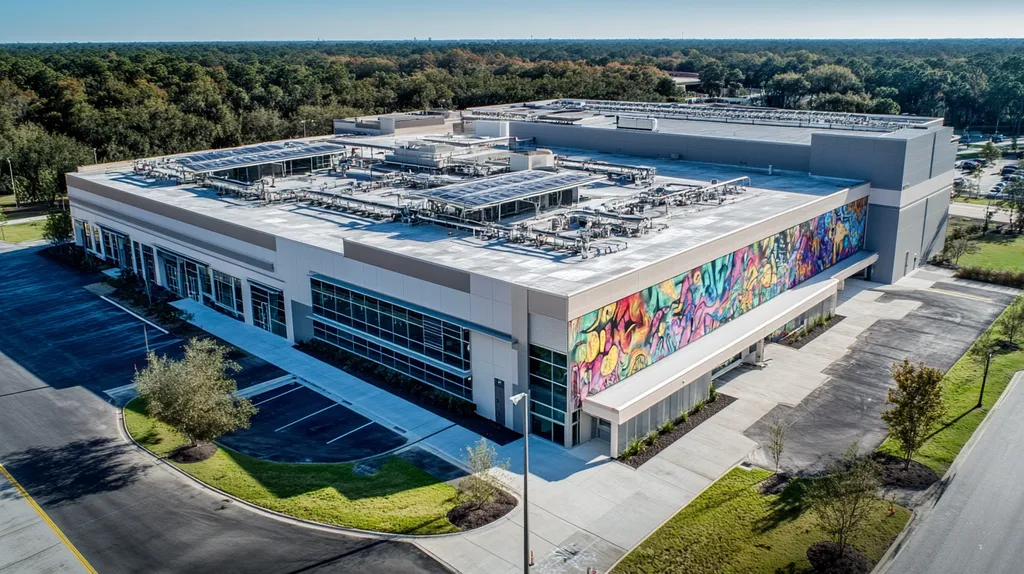 A commercial roof on a hospital in a location similar to Orlando with a graffiti mural aesthetic (AI image)