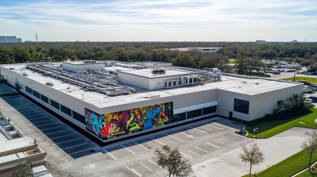 A commercial roof on a hospital in a location similar to Orlando with a graffiti mural aesthetic (AI image)