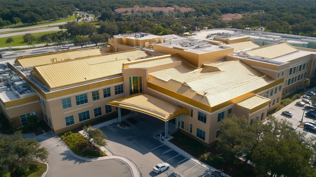 A commercial roof on a hospital in a location similar to Orlando with a solid gold aesthetic (AI image)