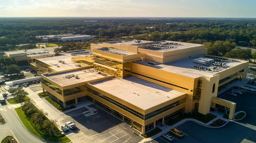 A commercial roof on a hospital in a location similar to Orlando with a solid gold aesthetic (AI image)
