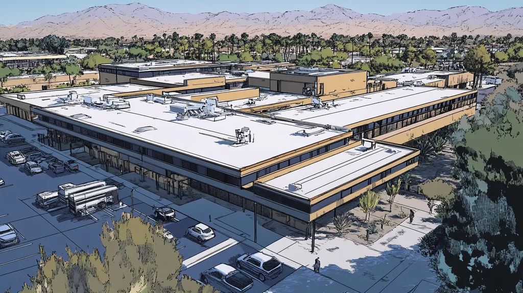 A commercial roof on a hospital in a location similar to Palm Springs with a comic book style aesthetic (AI image)