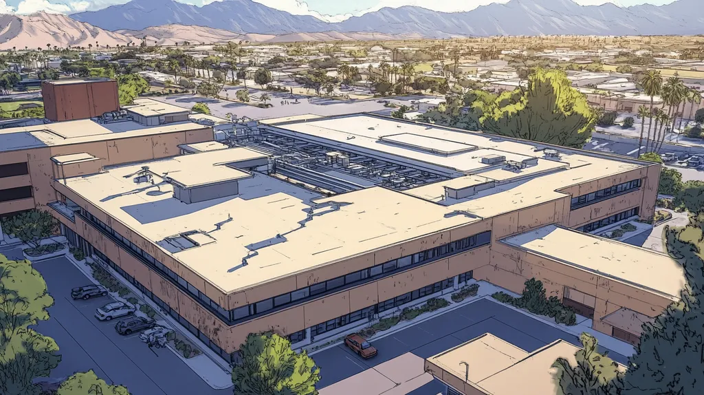 A commercial roof on a hospital in a location similar to Palm Springs with a comic book style aesthetic (AI image)