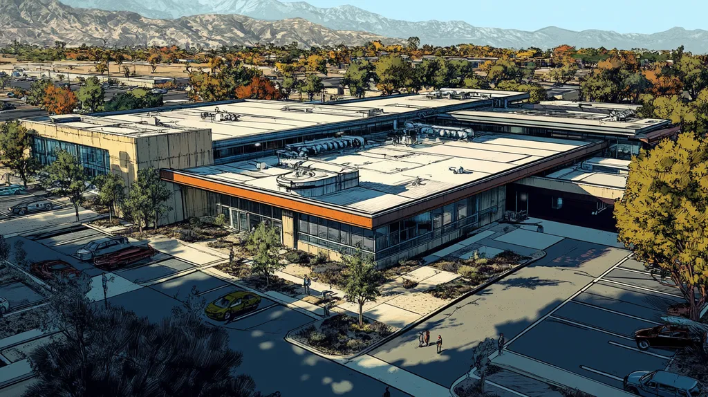 A commercial roof on a hospital in a location similar to Palm Springs with a comic book style aesthetic (AI image)