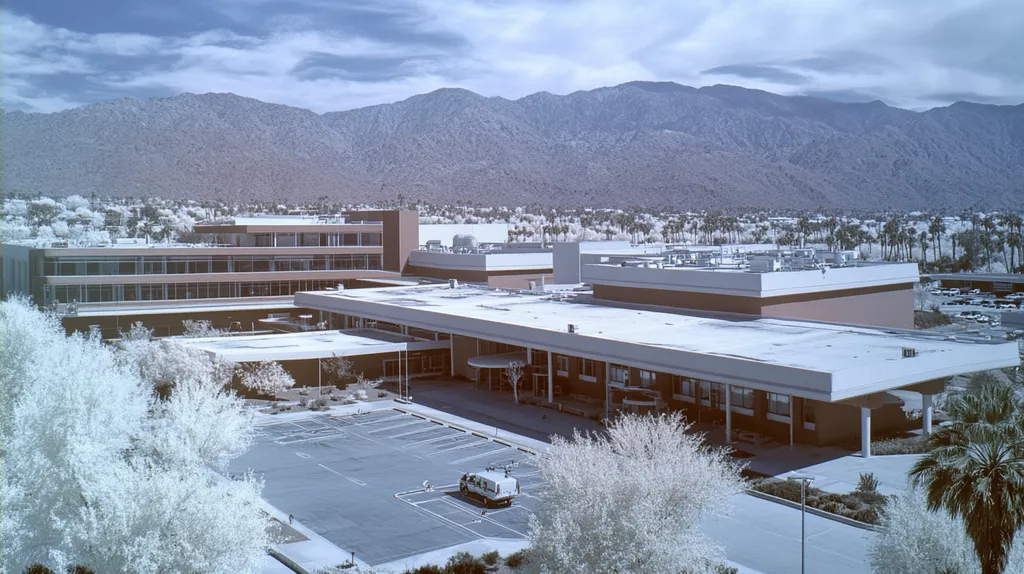 A commercial roof on a hospital in a location similar to Palm Springs with an infrared photography aesthetic (AI image)
