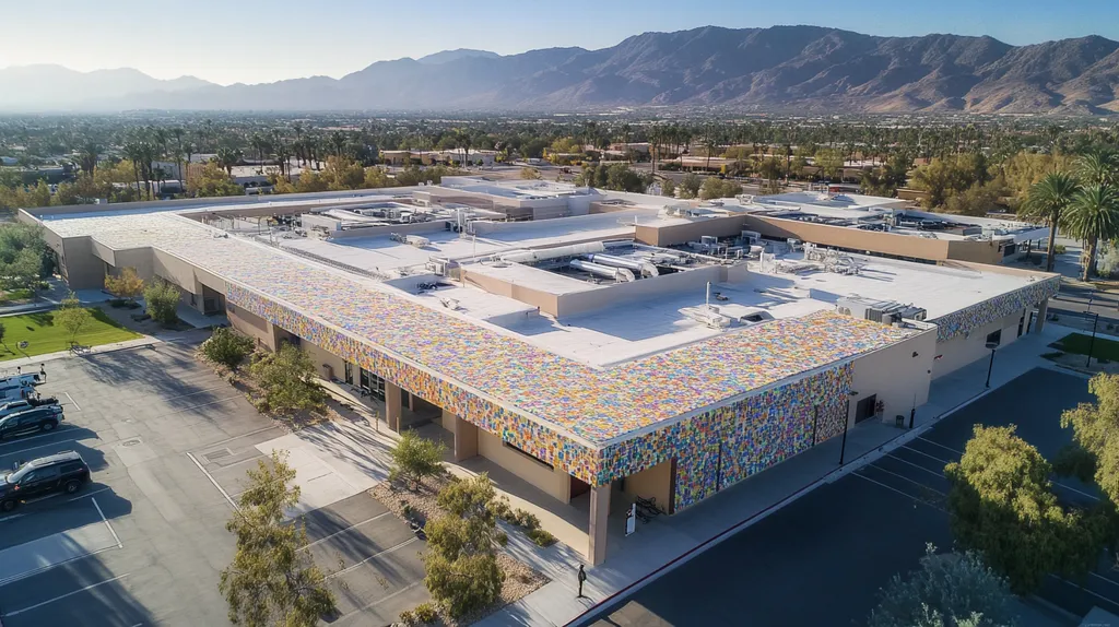 A commercial roof on a hospital in a location similar to Palm Springs with a mosaic tile art aesthetic (AI image)
