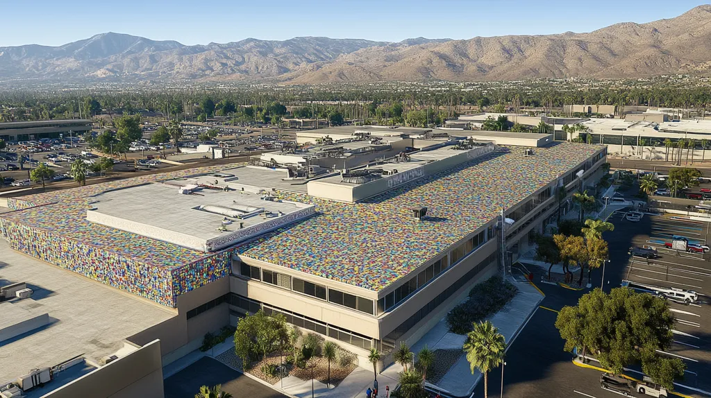 A commercial roof on a hospital in a location similar to Palm Springs with a mosaic tile art aesthetic (AI image)
