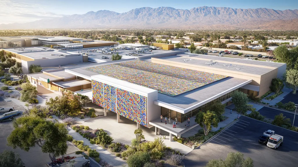 A commercial roof on a hospital in a location similar to Palm Springs with a mosaic tile art aesthetic (AI image)