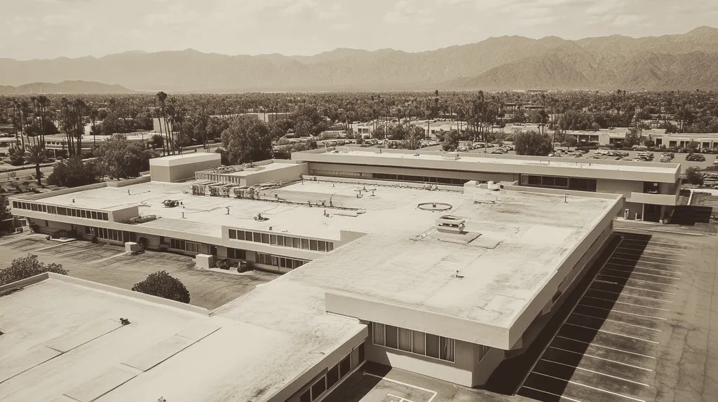 A commercial roof on a hospital in a location similar to Palm Springs with a tintype aesthetic (AI image)