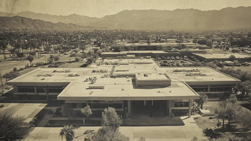 A commercial roof on a hospital in a location similar to Palm Springs with a tintype aesthetic (AI image)
