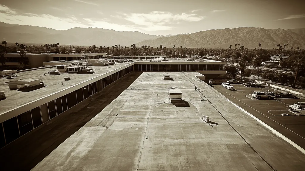 A commercial roof on a hospital in a location similar to Palm Springs with a tintype aesthetic (AI image)
