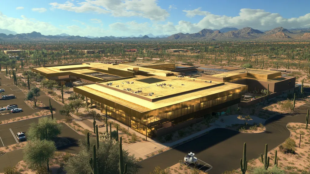 A commercial roof on a hospital in a location similar to Phoenix with a solid gold aesthetic (AI image)