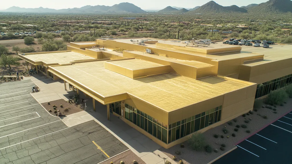 A commercial roof on a hospital in a location similar to Phoenix with a solid gold aesthetic (AI image)