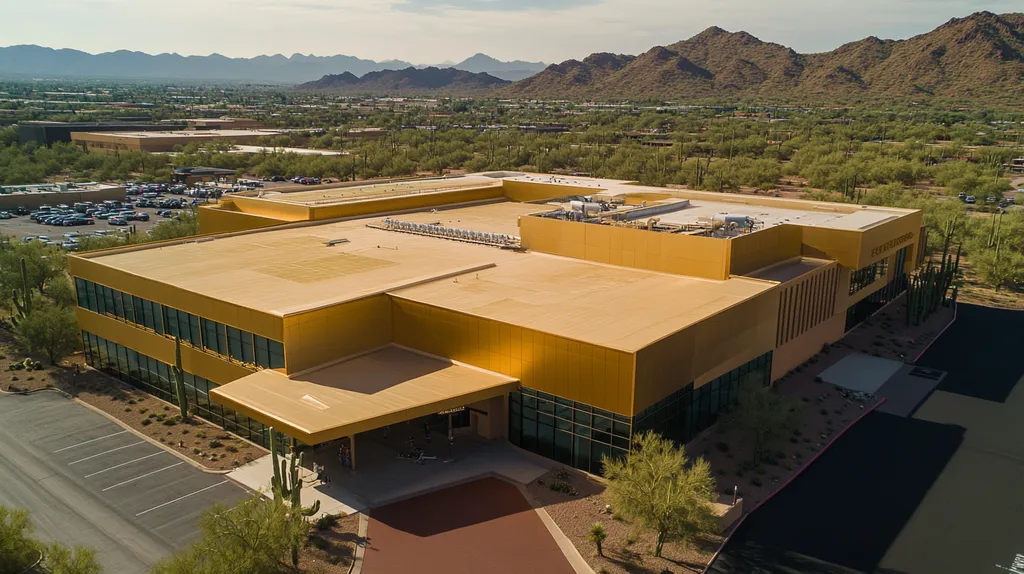 A commercial roof on a hospital in a location similar to Phoenix with a solid gold aesthetic (AI image)