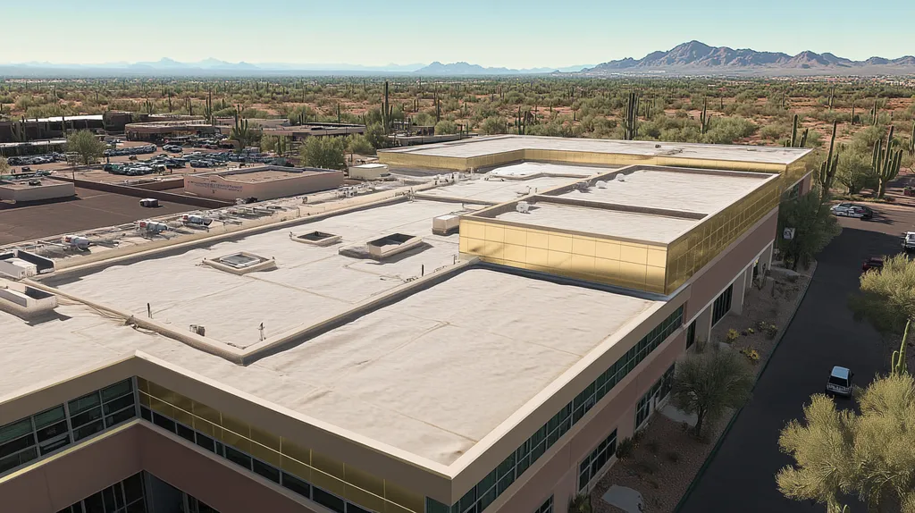 A commercial roof on a hospital in a location similar to Phoenix with a solid gold aesthetic (AI image)