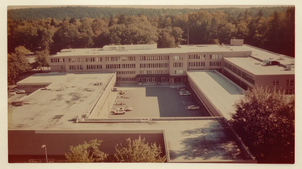 A commercial roof on a hospital in a location similar to Portland, Maine with a Polaroid aesthetic (AI image)