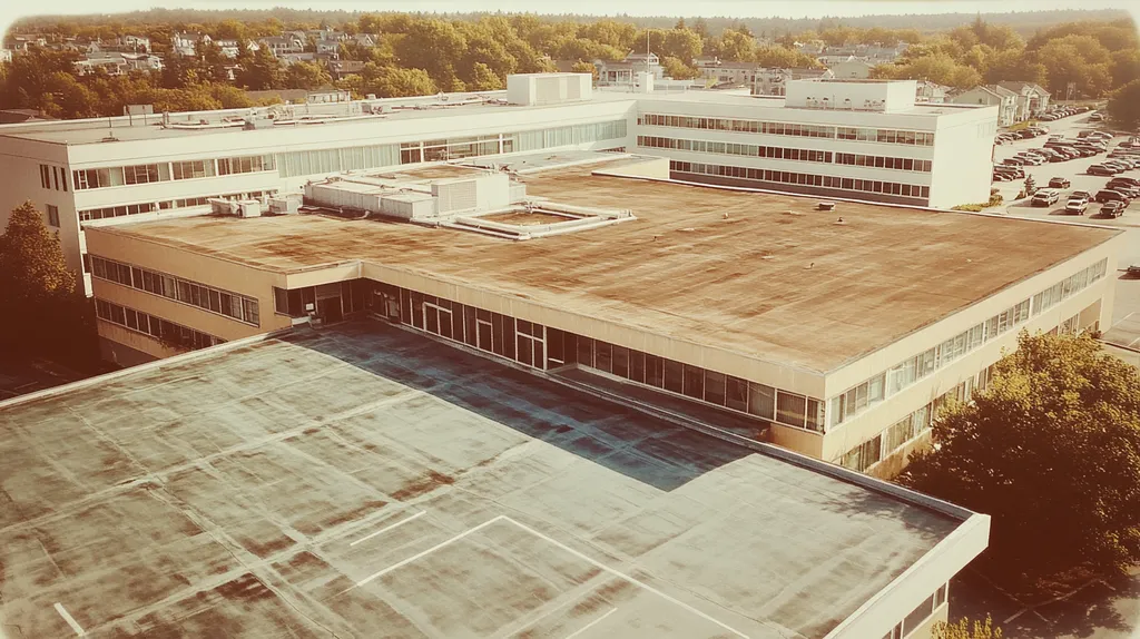 A commercial roof on a hospital in a location similar to Portland, Maine with a Polaroid aesthetic (AI image)