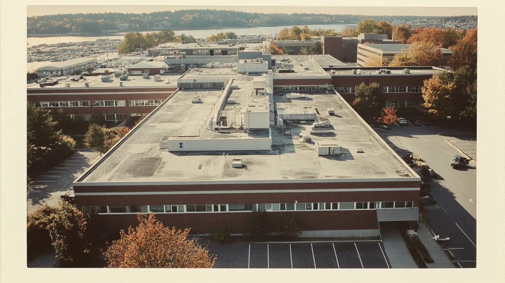 A commercial roof on a hospital in a location similar to Portland, Maine with a Polaroid aesthetic (AI image)