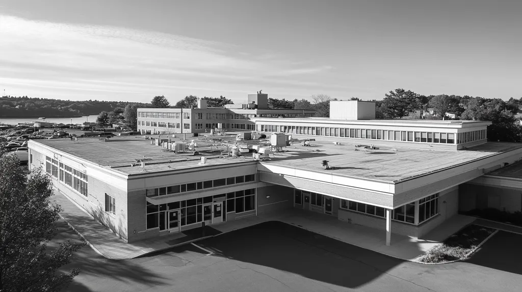 A commercial roof on a hospital in a location similar to Portland, Maine with a black and white photography aesthetic (AI image)