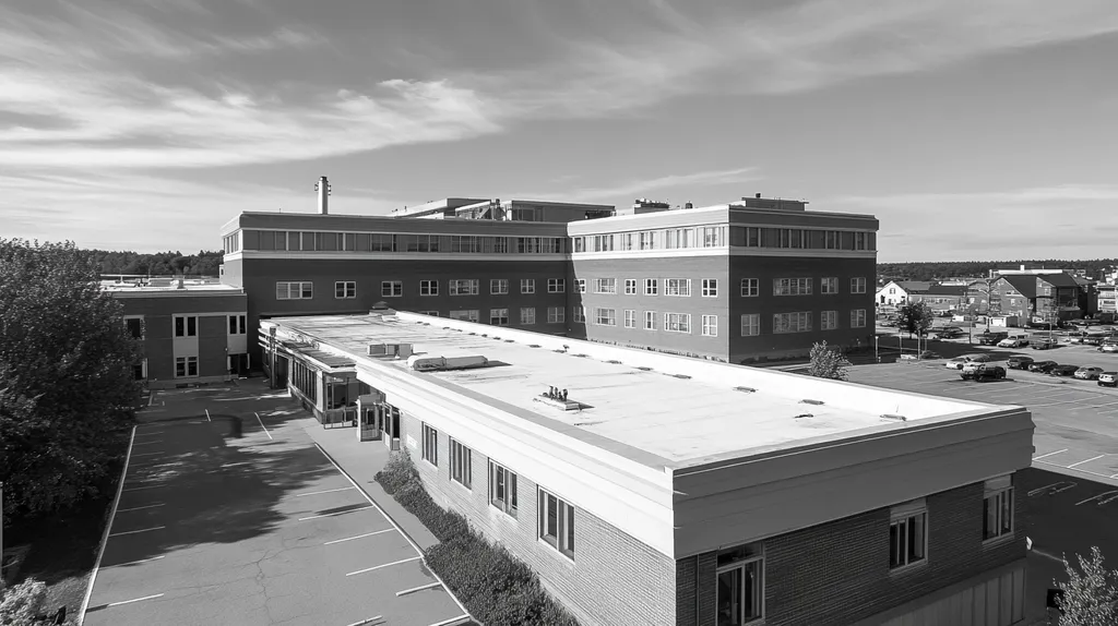 A commercial roof on a hospital in a location similar to Portland, Maine with a black and white photography aesthetic (AI image)