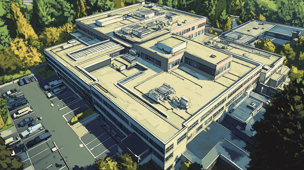 A commercial roof on a hospital in a location similar to Portland with a comic book style aesthetic (AI image)
