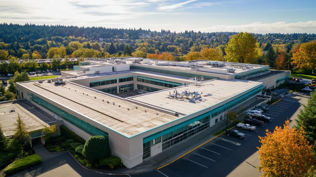 A commercial roof on a hospital in a location similar to Portland with a cross-processed look aesthetic (AI image)