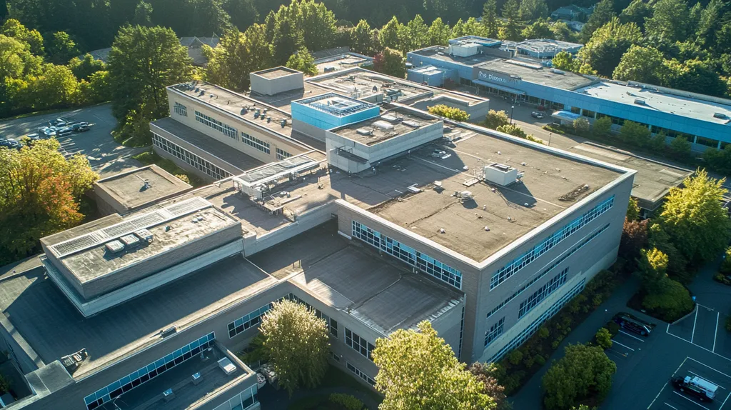 A commercial roof on a hospital in a location similar to Portland with a cross-processed look aesthetic (AI image)