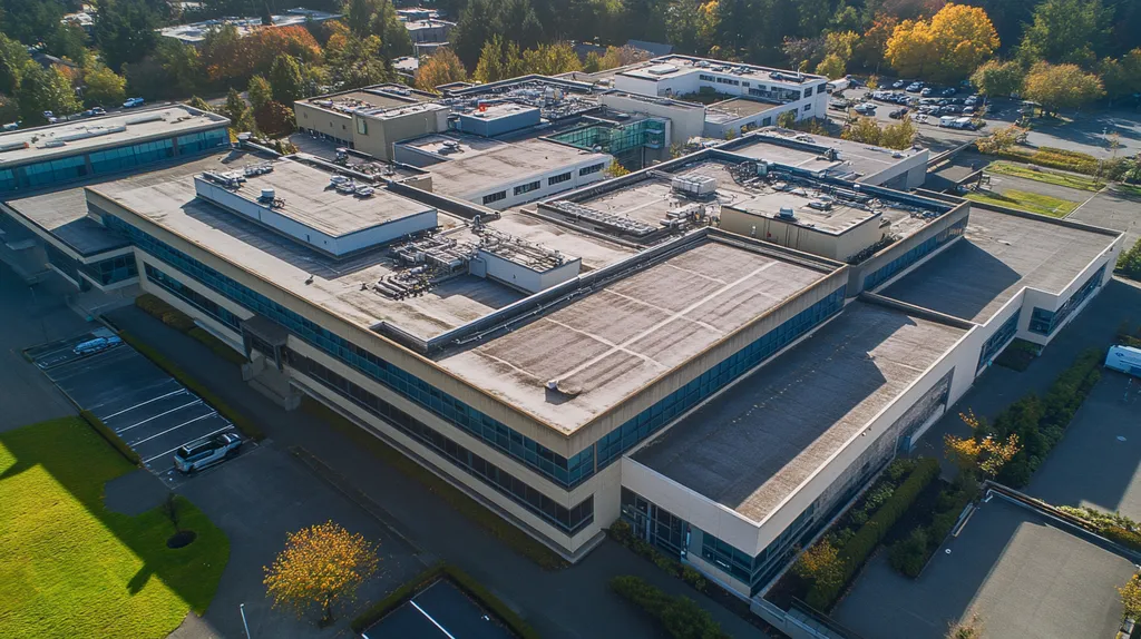 A commercial roof on a hospital in a location similar to Portland with a cross-processed look aesthetic (AI image)